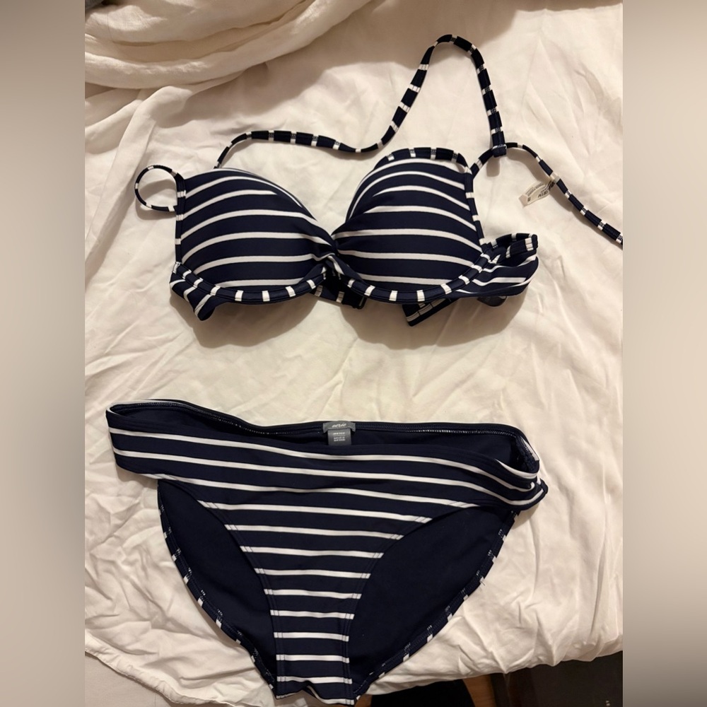 aerie Navy and White Striped Push-Up 32B Bikini Set